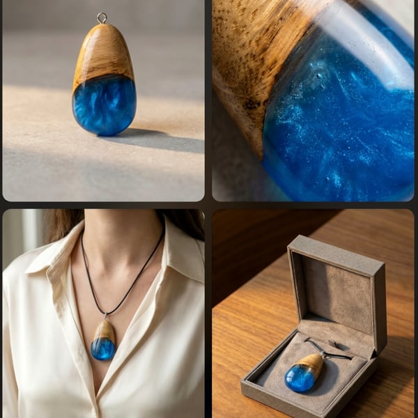 Unique oak and sapphire blue resin necklace 