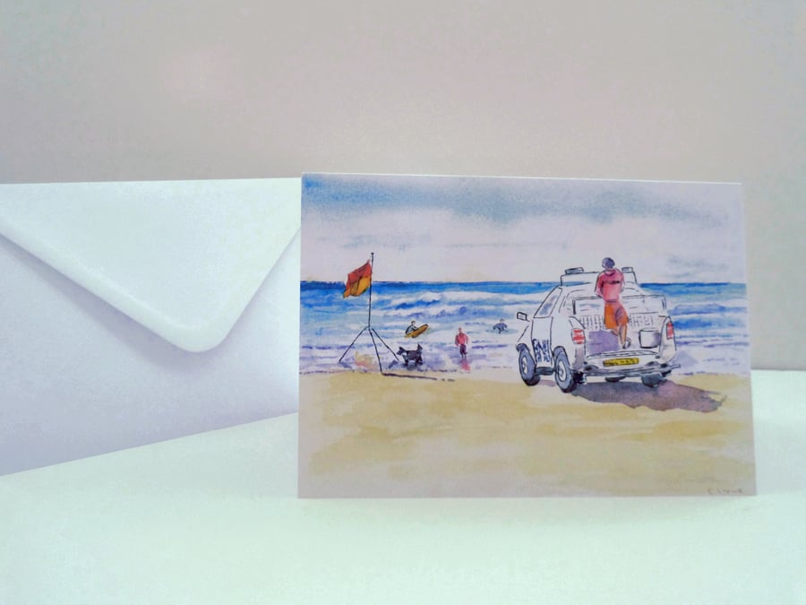 Blank greetings card A5 Lifeguard at Bude from original watercolour.