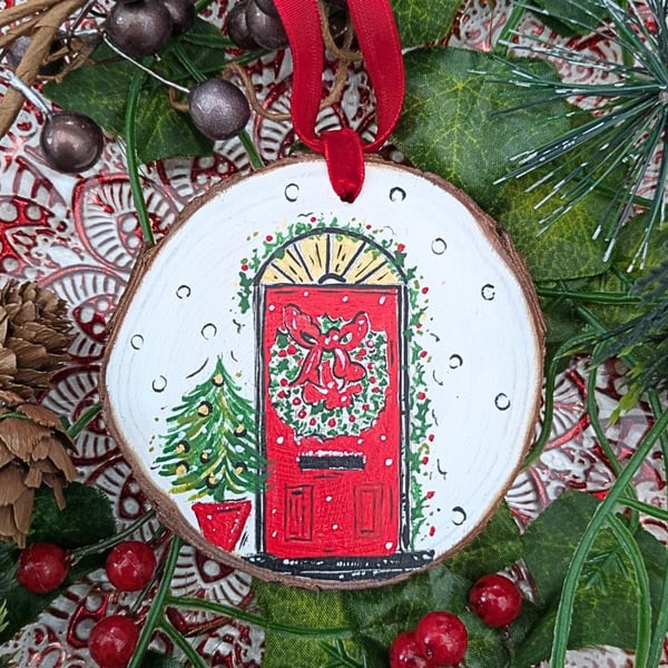Red Door Christmas Cottage hand-painted log slice decoration 
