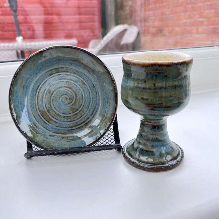 Handcrafted Personal Communion Set Pottery Chalice & Plate  Variegated Green 