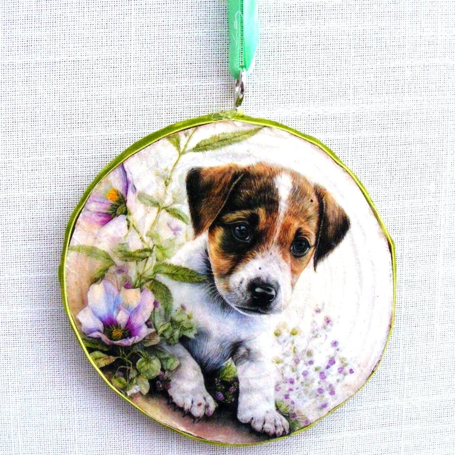 Jack Russell pup decoupaged log slice wall decoration.