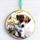 Jack Russell pup decoupaged log slice wall decoration.