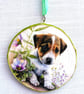 Jack Russell pup decoupaged log slice wall decoration.