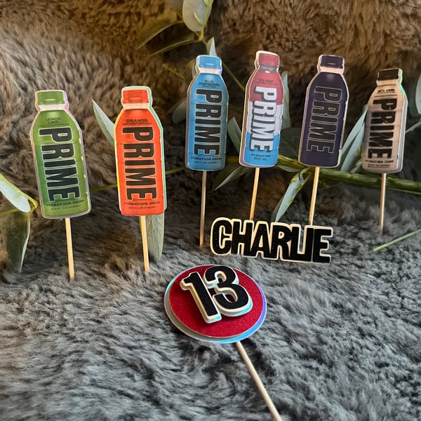 Prime Hydration Drink inspired Cupcake Toppers x8 3D, Personalised, Name and Age