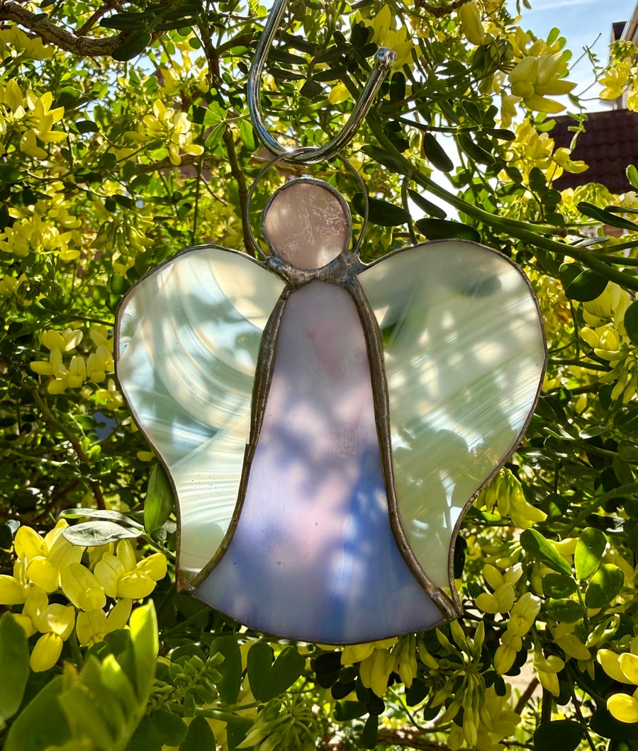 Stained Glass Bell Angel Decoration - Twilight blues, purples with white wings