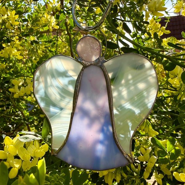 Stained Glass Bell Angel Decoration - Twilight blues, purples with white wings