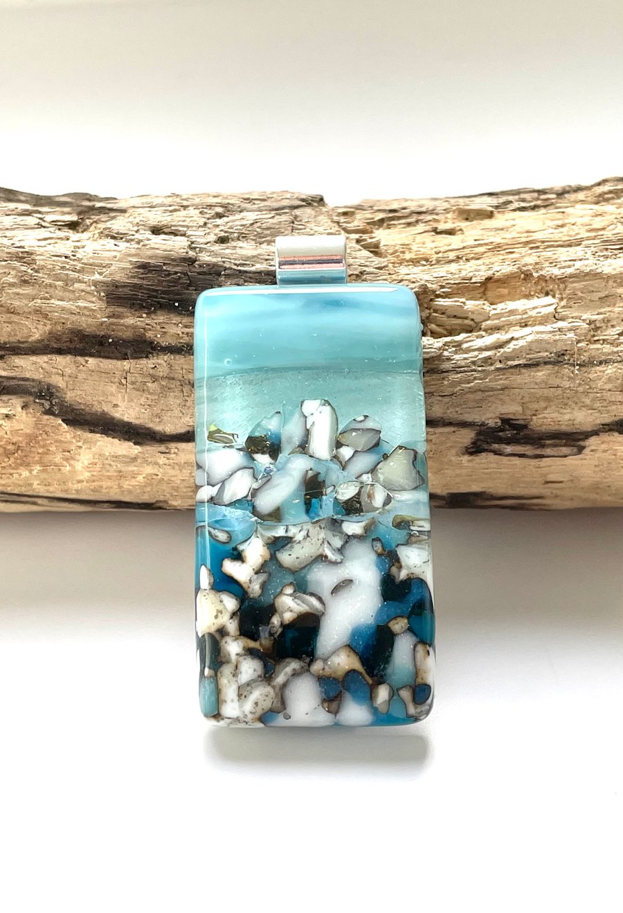 Blue Seascape & rocks glass & sterling silver pendant 