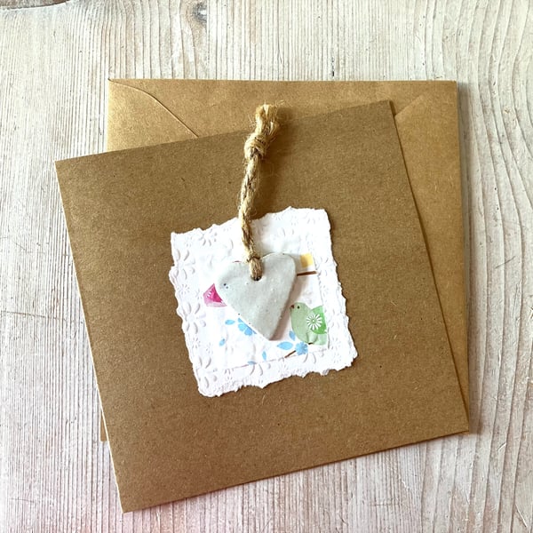 Ceramic love heart charm, hand made card, birthday card, gift idea