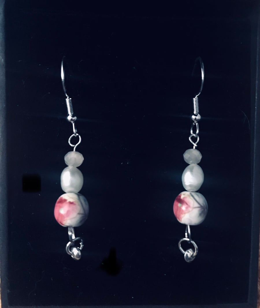 Freshwater Pearl Drop Earrings & Ceramic Bead - Sterling Silver - Gift boxed 