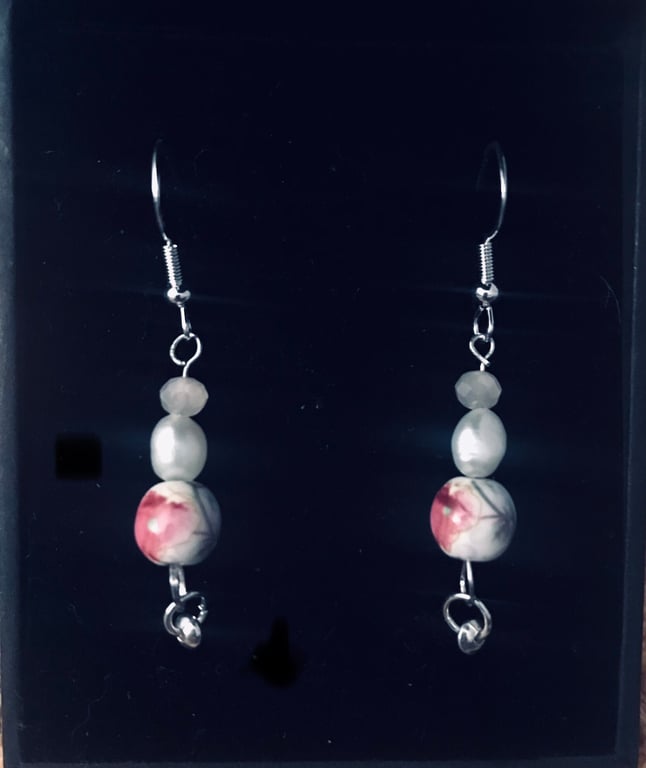 Freshwater Pearl Drop Earrings & Ceramic Bead - Sterling Silver - Gift boxed 