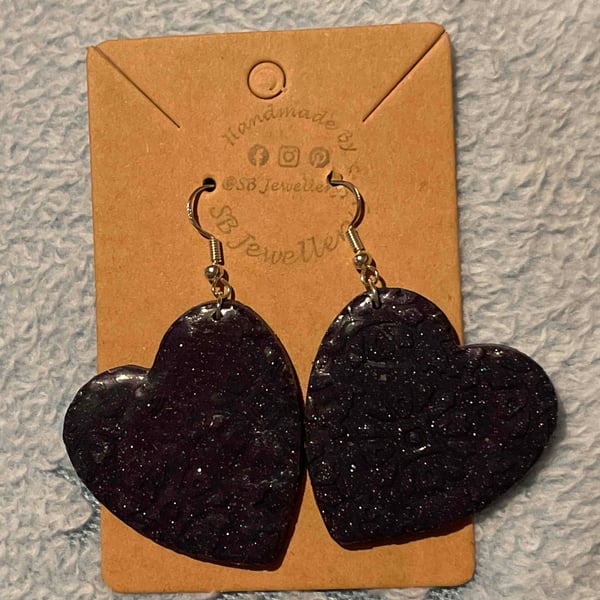 Handmade Polymer Clay Dark Purple Patterned Earrings (Clip On’s Available)