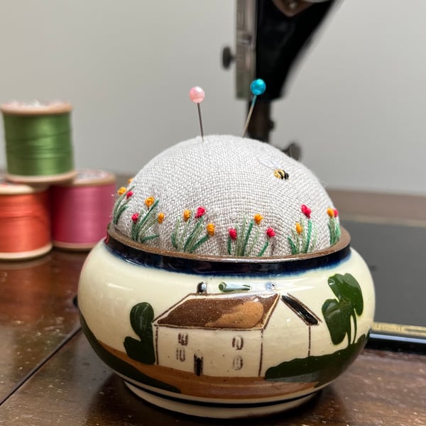 Mottoware pin cushion ‘Say Little but Think Much’ embroidered flowers bee