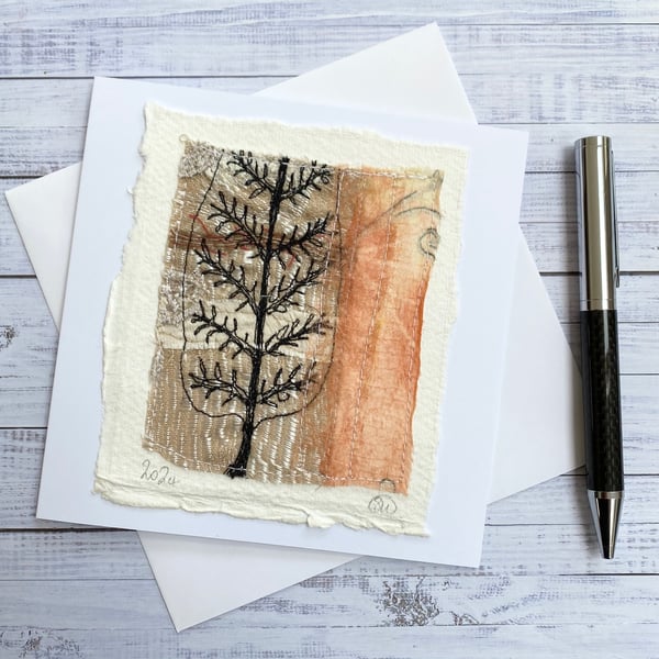 Handmade up-cycled embroidered tree art card. 