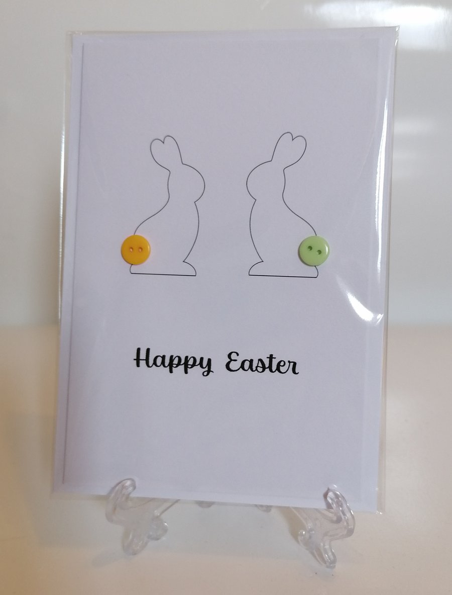 Happy Easter rabbits with button tails greetings card 