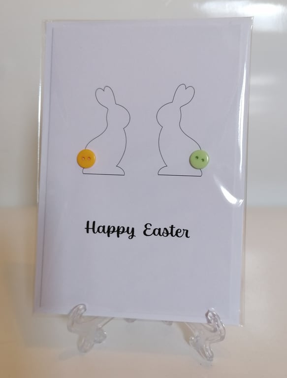 Happy Easter rabbits with button tails greetings card 