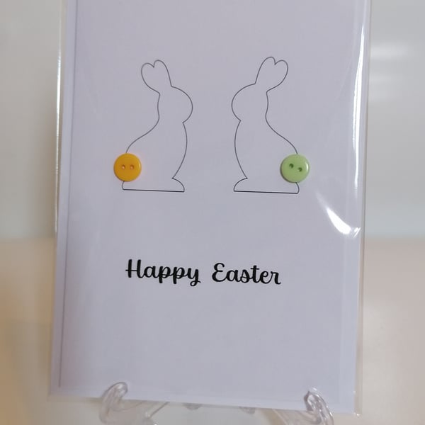 Happy Easter rabbits with button tails greetings card 