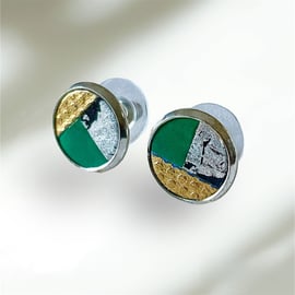 Green, Gold, Silver Geometric Ear Studs. 12mm Diameter.