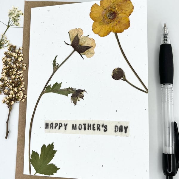 Handmade Real Pressed Flower, Geum, Mother's Day Greeting Card