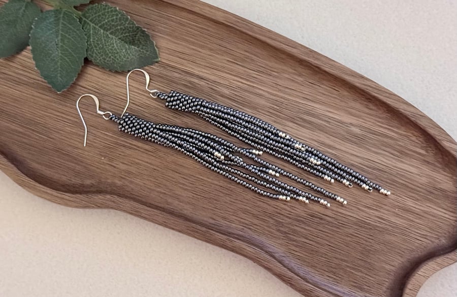 Gunmetal grey beadwork tassel fringe earrings