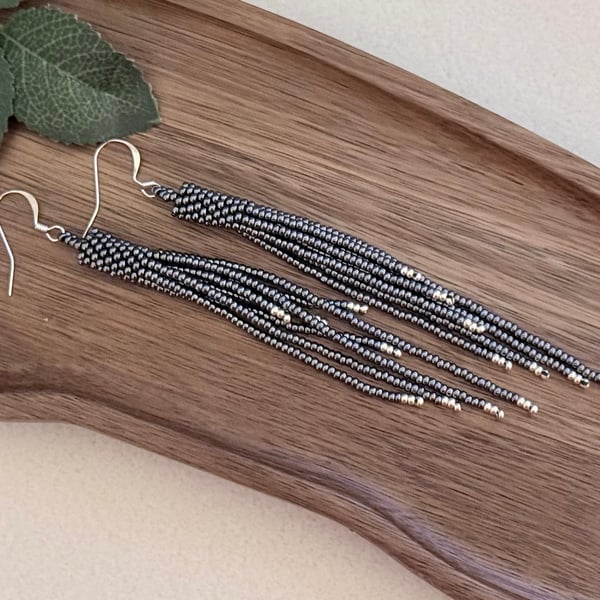Gunmetal grey beadwork tassel fringe earrings