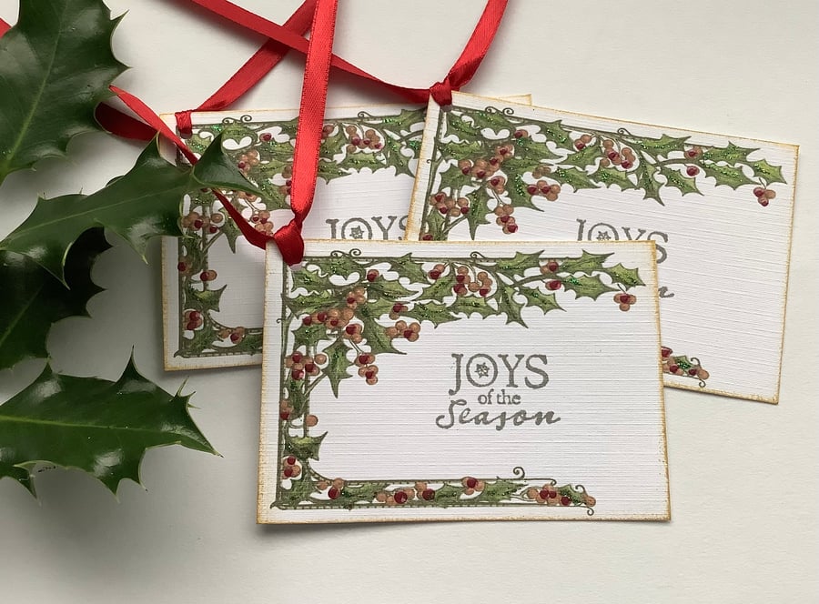 CHRISTMAS GIFT tags ( set of 3) .Winter .Holly frame . Nature .