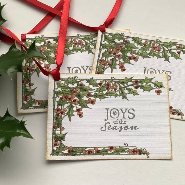 CHRISTMAS GIFT tags ( set of 3) .Winter .Holly frame . Nature .