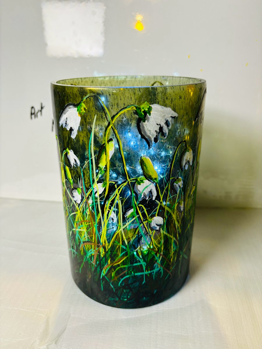 A hand painted and fired spring glass vase by Andrew Jenkins 