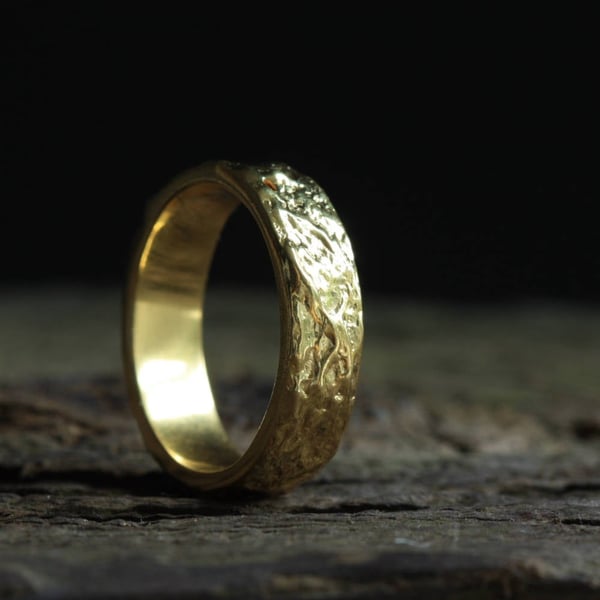 Gold Textured ring band, 9ct gold wide wedding ring, 6.5 mm wedding ring band