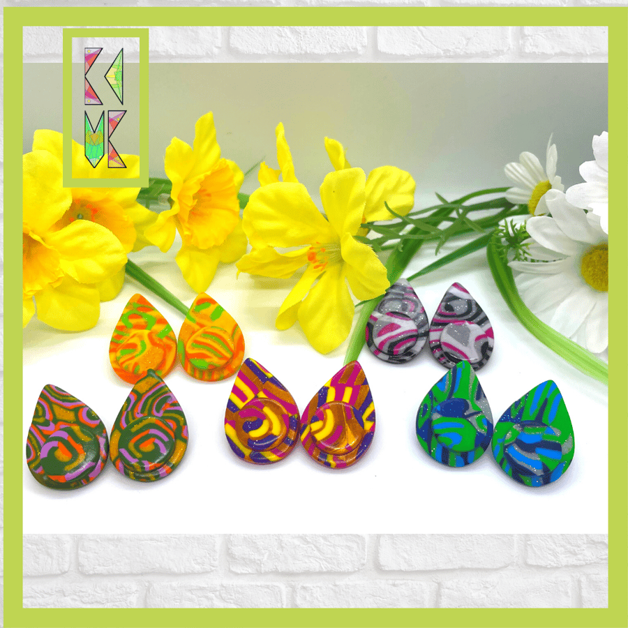 Earrings - Petal Shaped Studs in Abstract Patterned Polymer Clay