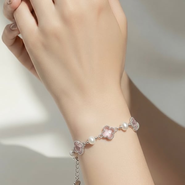 Lucky Four Leaf Clover and Pearl Bracelet White Gold Plated Gift
