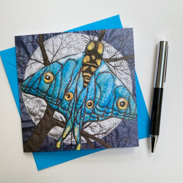 Full moon with moon moth and tree printed card. 