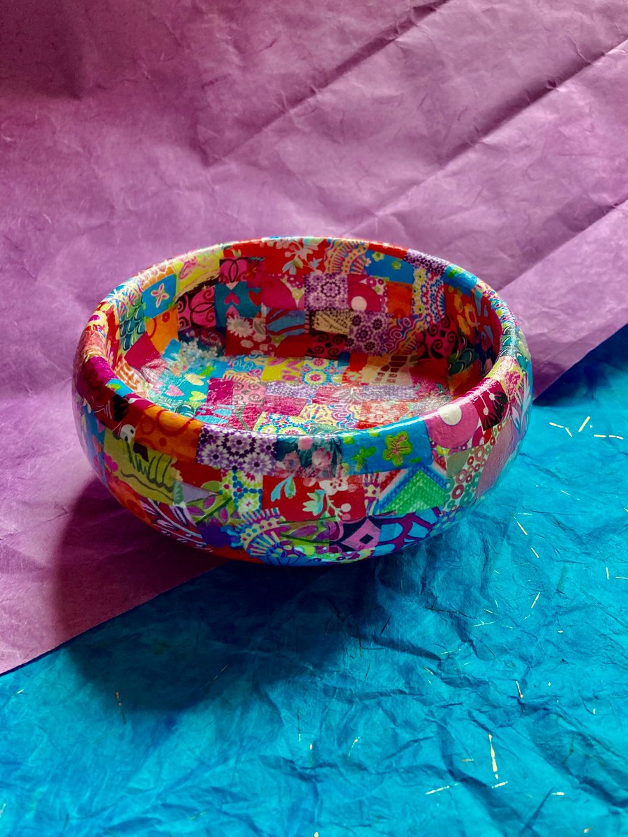 Abstract and upcycled decopatched wooden bowl 