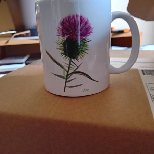 Scottish thistle Mugs with a mixed media design of a thistle. Dishwasher safe!