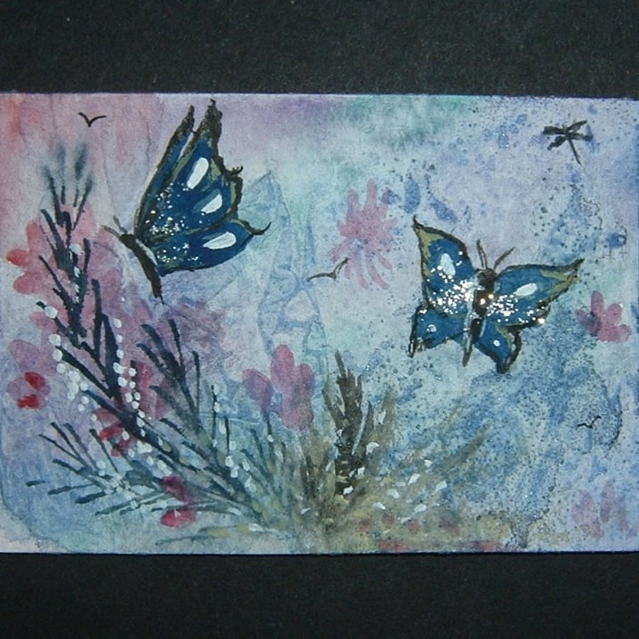 butterflies fantasy original art painting aceo with glitter ref 11