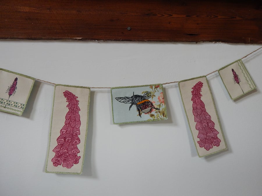 Bee and Foxglove flower Screen printed Wall Hanging-Bunting- 80CM