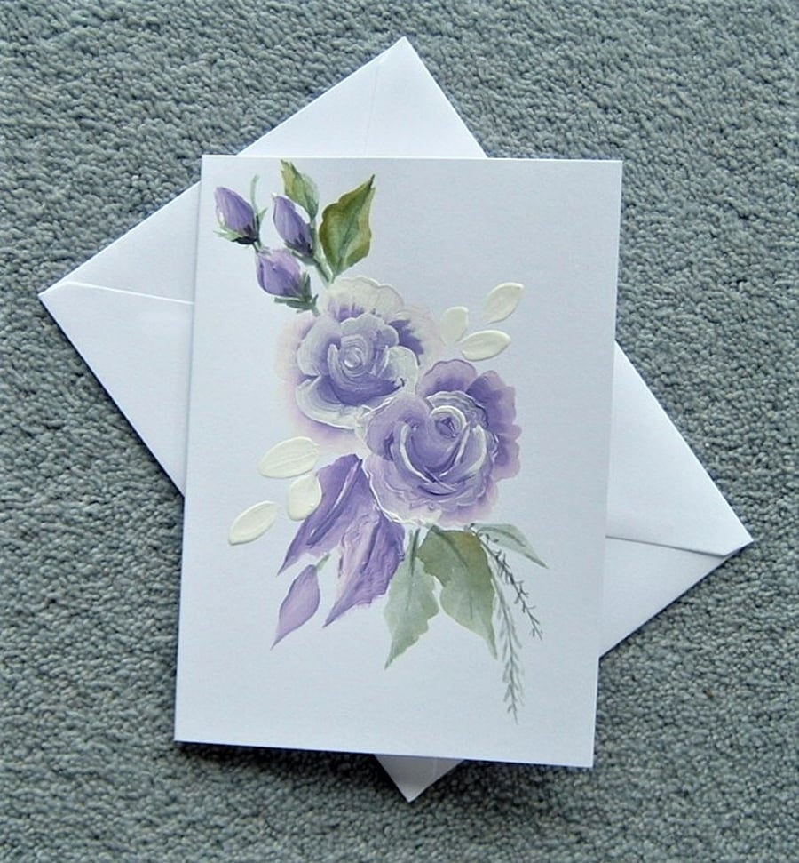 hand painted floral roses blank greeting card ( ref F 158 )