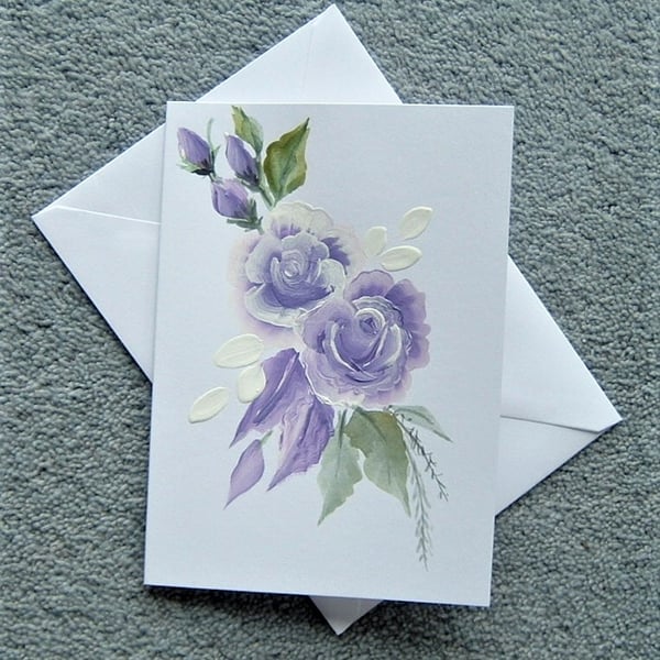 hand painted floral roses blank greeting card ( ref F 158 )