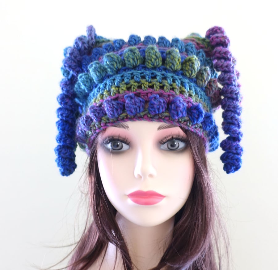 Ocean Blue Hues Crochet Festival Hat Beanie.  Quirky fun and funky head wear.