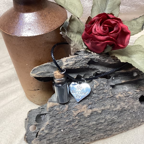 Witches Black Salt Protection Bottle Amulet Necklace with Charm. Free Postage UK