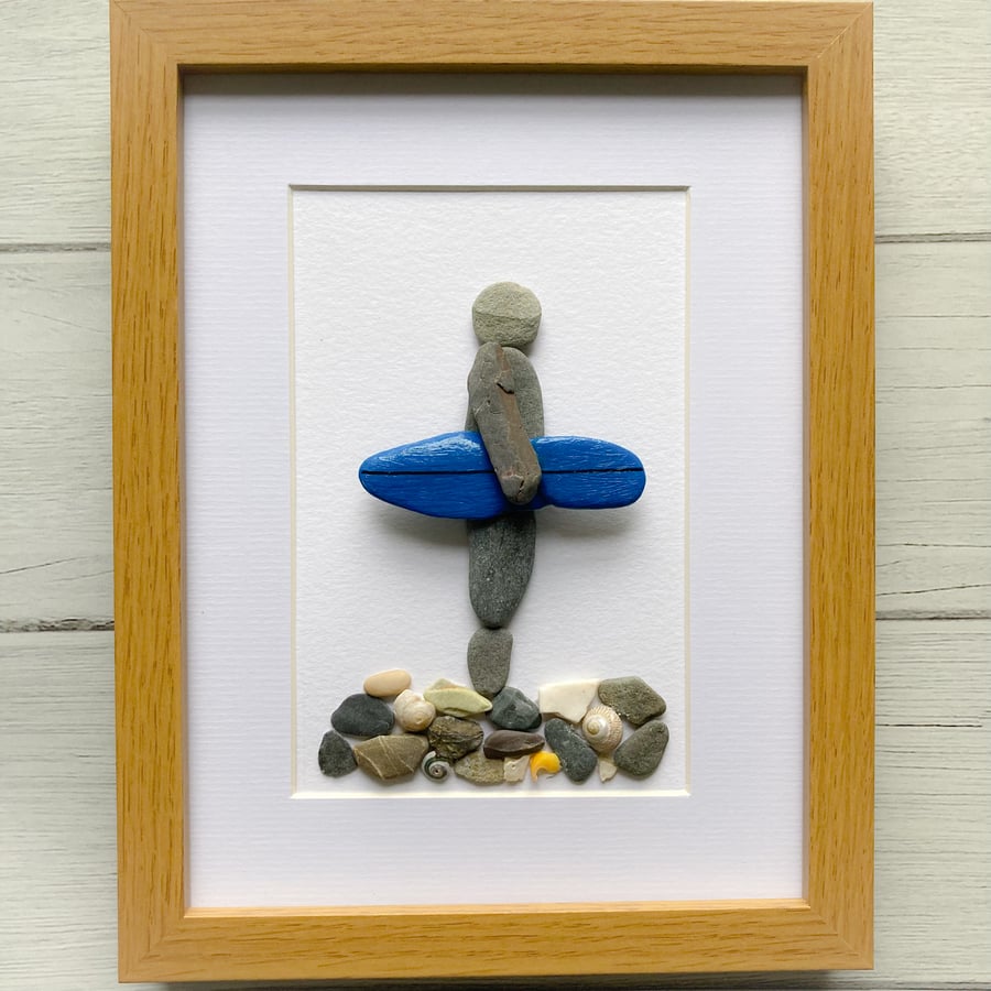 SALE-Framed pebble surfer art, made with pebbles from Cornwall 