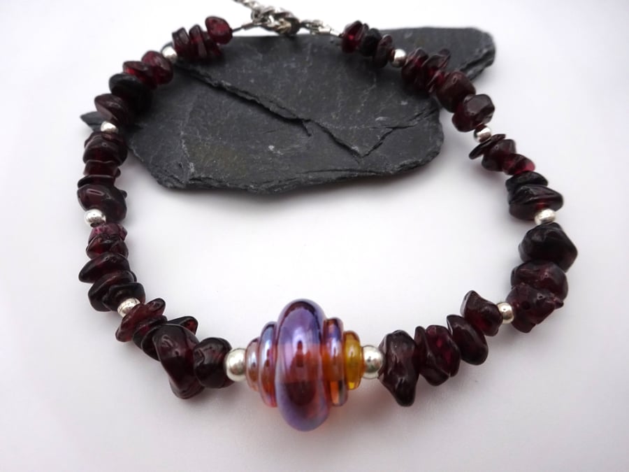 lampwork glass and garnet gemstone bracelet