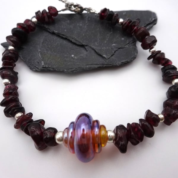 lampwork glass and garnet gemstone bracelet