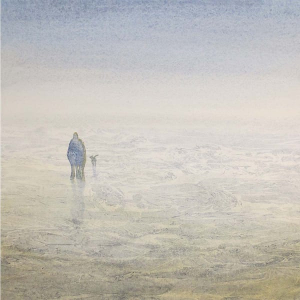 Original watercolour painting a couple walking the dog on the beach at low tide