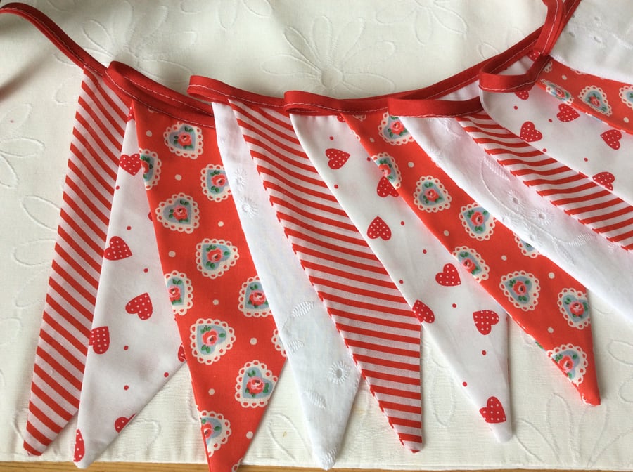 Valentine's Bunting - 11 flags 8ft long, Cath Kidston heart fabric and hearts 