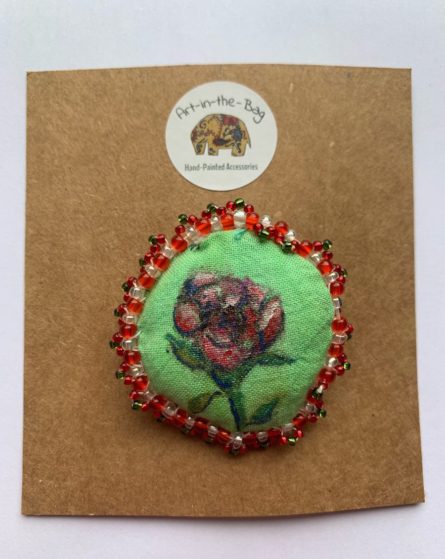 Handmade and hand painted fabric pin brooch with rose design 