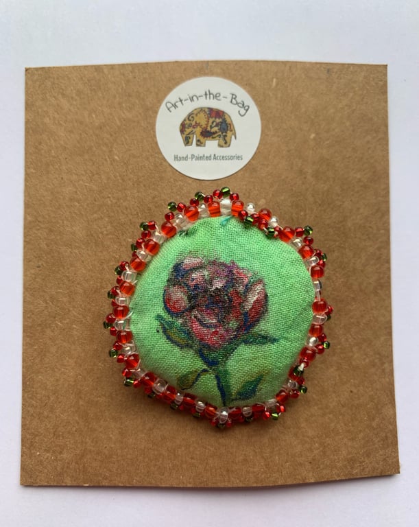 Handmade and hand painted fabric pin brooch with rose design 