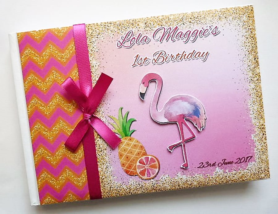 Flamingo birthday guest book, tropical flamingo, flamingo birthday gift