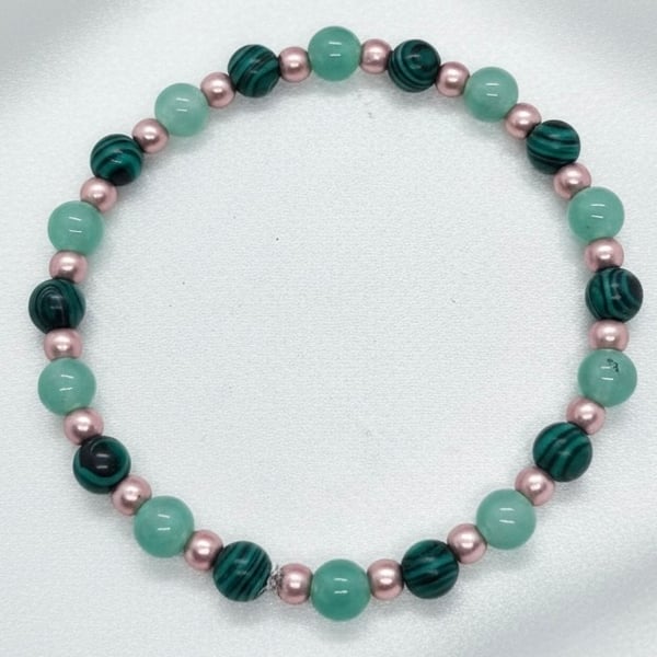 Malachite, Green Aventurine and Rose Gold Hematite Stretch Bracelet