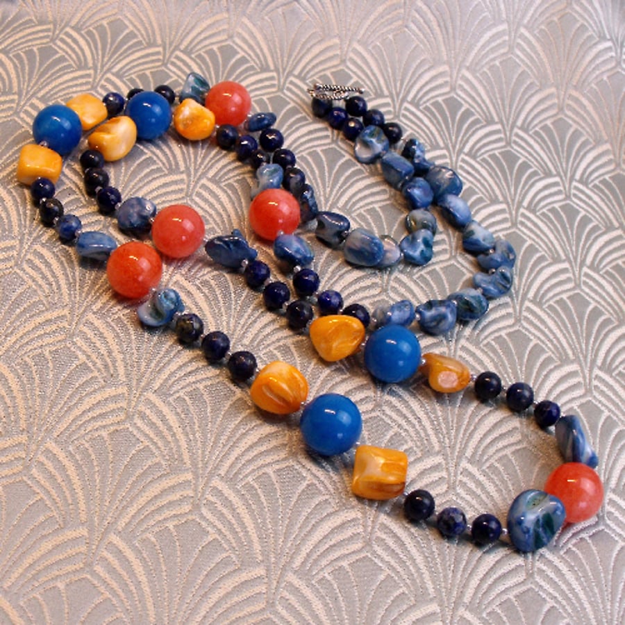 Long Semi-Precious Stone Necklace UK, Blue Handmade Necklace CC52