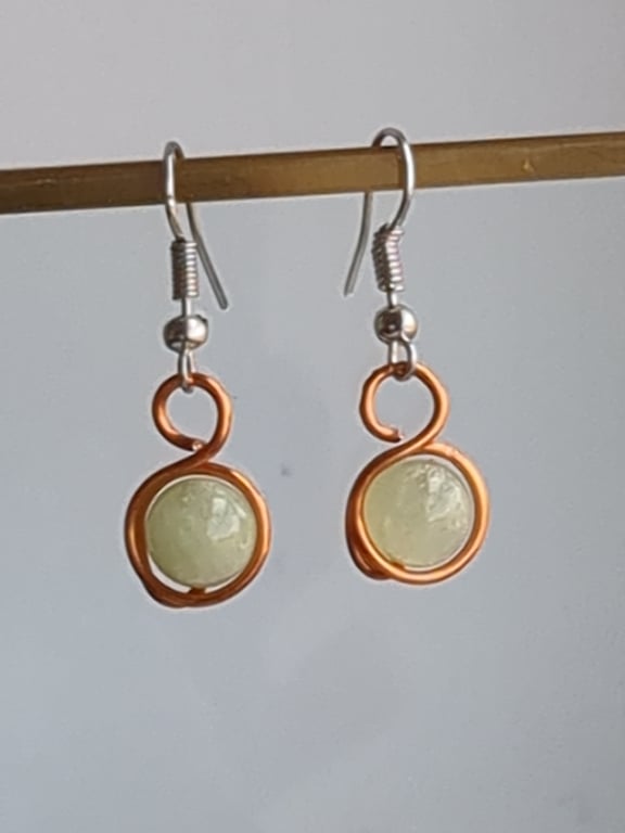 Green jade in copper wire dangle earrings 